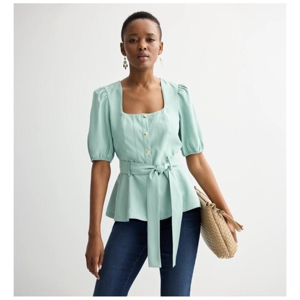 Nine West Womens Blouse Top Square Neck Puff Sleeve Tie Waist Career M Feminine